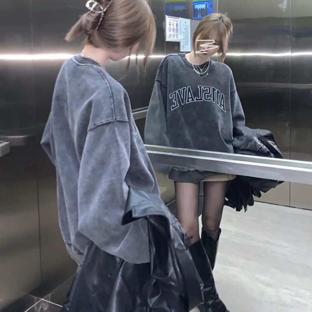 Áo Khoác Nỉ Dày Dặn Màu Xám Đậm Phong Cách retro Mỹ Thời Trang Thu Đông Cho Nữ hot 6y54