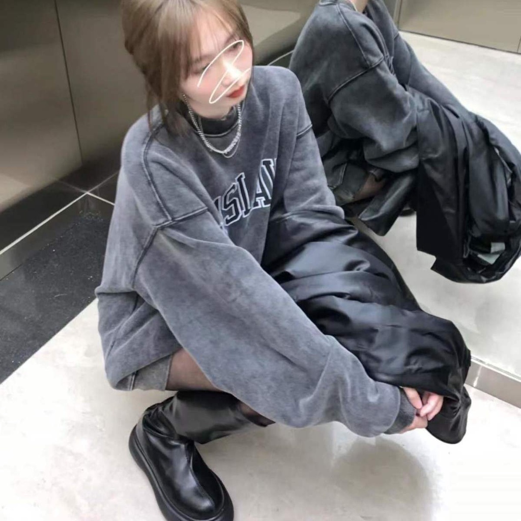 Áo Khoác Nỉ Dày Dặn Màu Xám Đậm Phong Cách retro Mỹ Thời Trang Thu Đông Cho Nữ hot 6y54