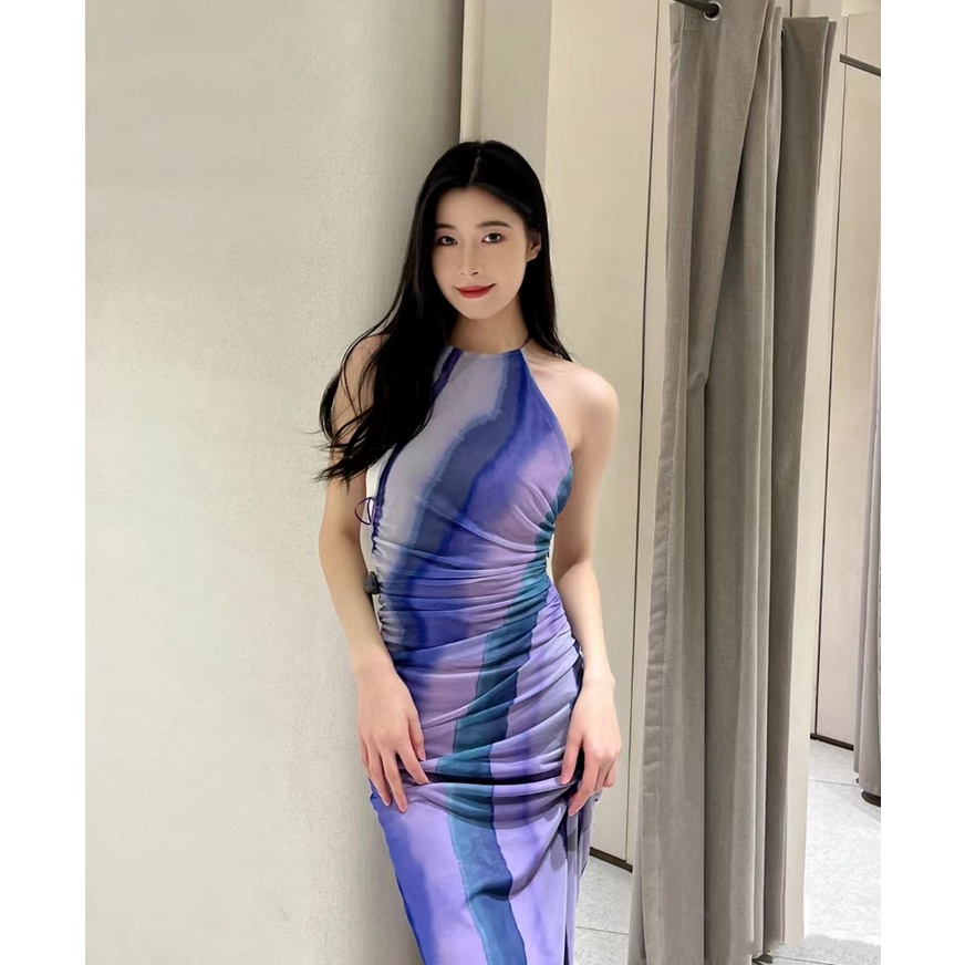 Zara Đầm Hai Dây Dáng Ôm Vải Lụa Phối Lưới In Họa Tiết Thời Trang Quyến Rũ Cho Nữ 3065331 050