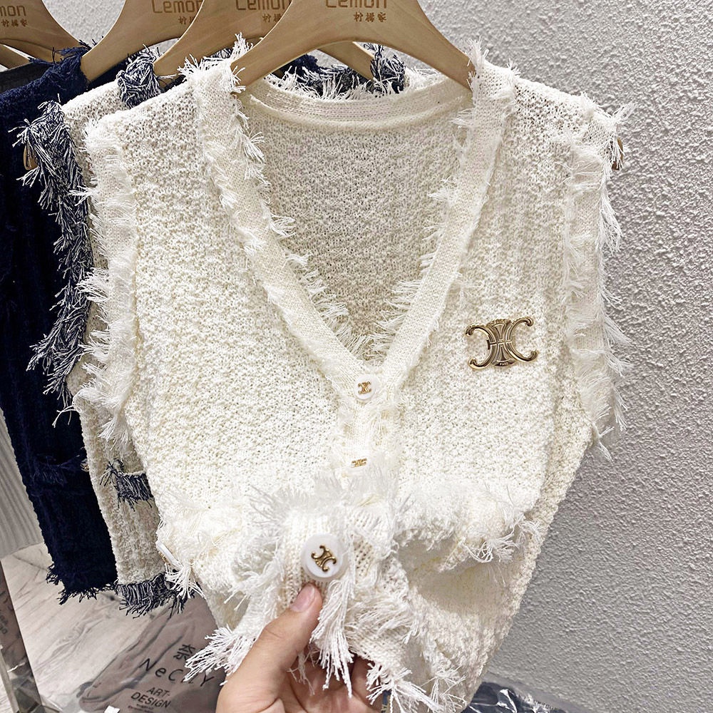 Áo Khoác Len Sát Nách Cổ Chữ v Phối Tua Rua Thời Trang Mùa Thu Cho Nữ