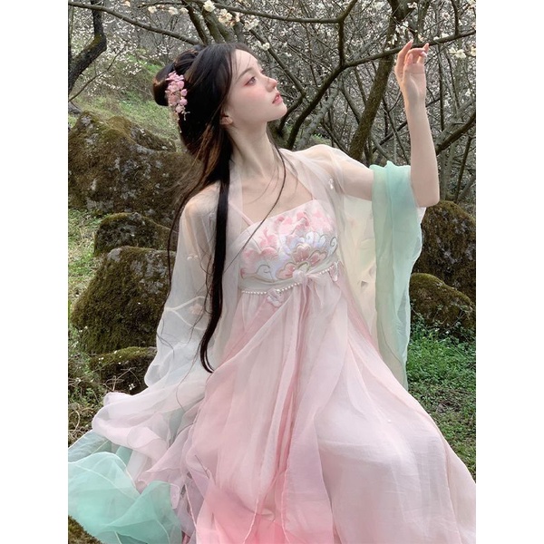 Đầm Hán Phục Cách Tân Tay Dài Thêu Họa Tiết Trung Hoa Thời Trang Xuân Hè Xinh Xắn