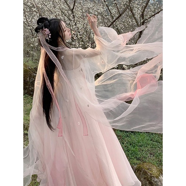 Đầm Hán Phục Cách Tân Tay Dài Thêu Họa Tiết Trung Hoa Thời Trang Xuân Hè Xinh Xắn