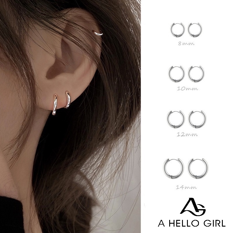 Ahellogirl Hoa tai tròn bằng thép không gỉ thời trang đơn giản 6mm/ 8mm / 10mm / 12mm / 14mm /16mm /18mm /20mm Hoa tai bạc Hàn Quốc cho bạn gái nữ vòng khuyên