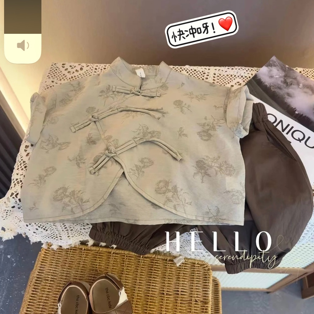 Bộ Áo Sơ Mi cotton Lanh Ngắn Tay Phong Cách Trung Hoa Cổ Điển Thời Trang Mùa Hè 2023 Mới Cho Bé Gái