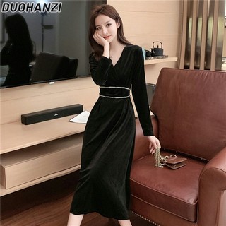 DUOHANZI  Đầm Nhung Đen Dài Tay Cổ Chữ v Thời Trang Thu Đông Cho Nữ