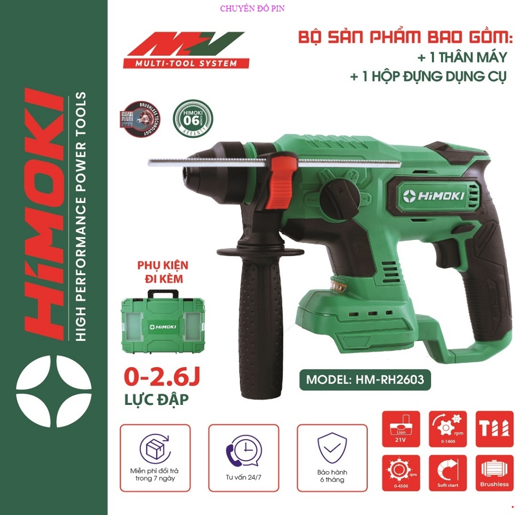 Khoan Bê Tông Himoki HM-RH2122, Máy Khoan Tường,3 Chức Năng, Lực Đập 2,6J, HIMOKI MÁY SIÊU BỀN CHUYÊN ĐỒ PIN