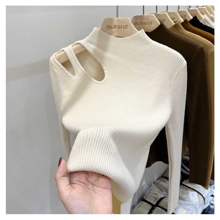 French water drop hollow bottoming sweater for women autumn and winter chic clavicle knitted top half-height collar bottoming shirt for women MC clothes TWM4