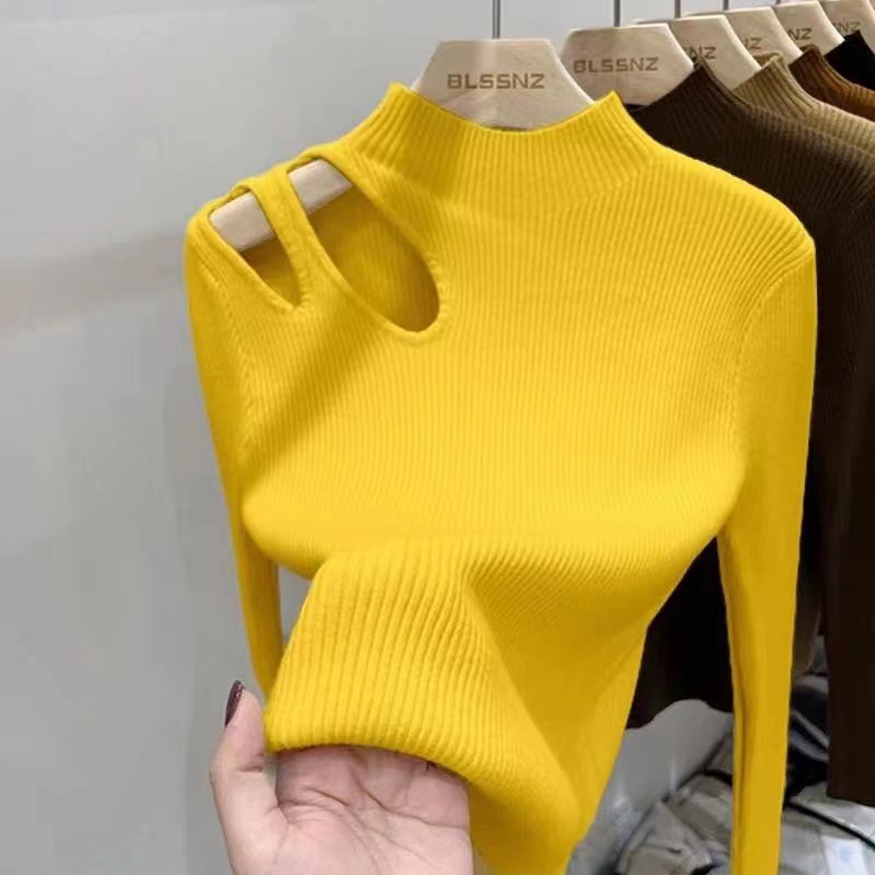 French water drop hollow bottoming sweater for women autumn and winter chic clavicle knitted top half-height collar bottoming shirt for women MC clothes TWM4