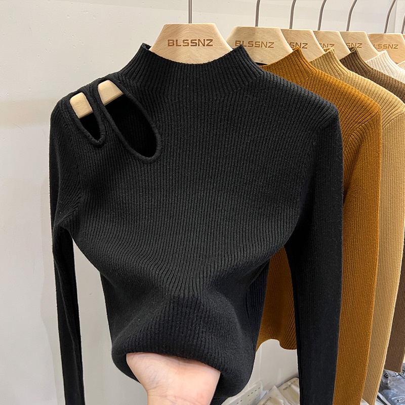 French water drop hollow bottoming sweater for women autumn and winter chic clavicle knitted top half-height collar bottoming shirt for women MC clothes TWM4