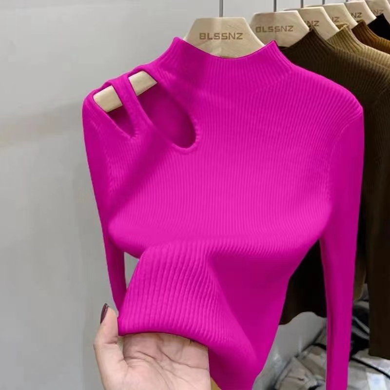 French water drop hollow bottoming sweater for women autumn and winter chic clavicle knitted top half-height collar bottoming shirt for women MC clothes TWM4