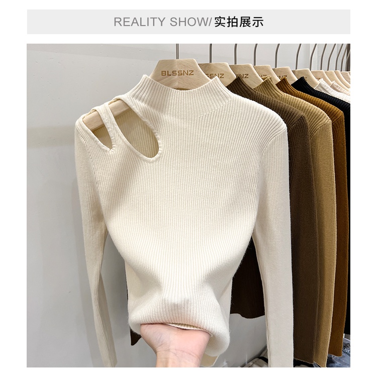 French water drop hollow bottoming sweater for women autumn and winter chic clavicle knitted top half-height collar bottoming shirt for women MC clothes TWM4