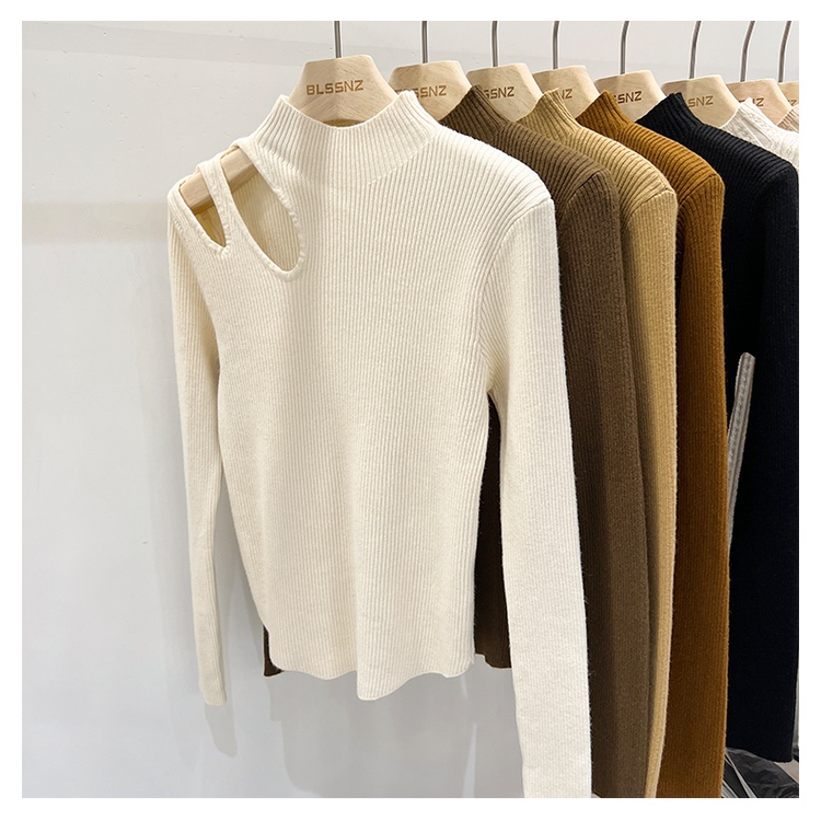 French water drop hollow bottoming sweater for women autumn and winter chic clavicle knitted top half-height collar bottoming shirt for women MC clothes TWM4