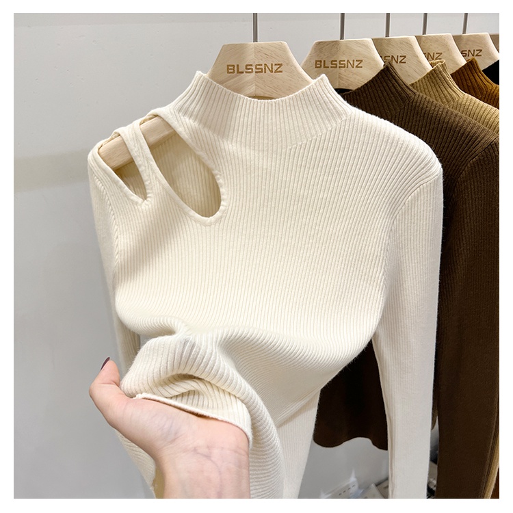 French water drop hollow bottoming sweater for women autumn and winter chic clavicle knitted top half-height collar bottoming shirt for women MC clothes TWM4