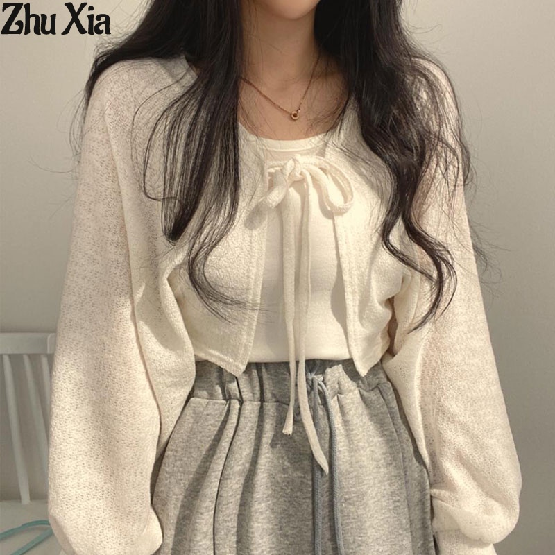 Áo Khoác cardigan Dệt Kim Tay Phồng Dáng Ngắn Thời Trang Mùa Hè Cho Nữ