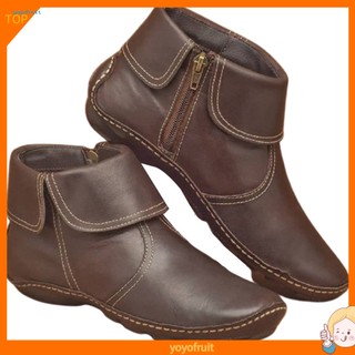 Yof giày bốt giả da đế bằng có dây kéo phong cách retro cho nữ