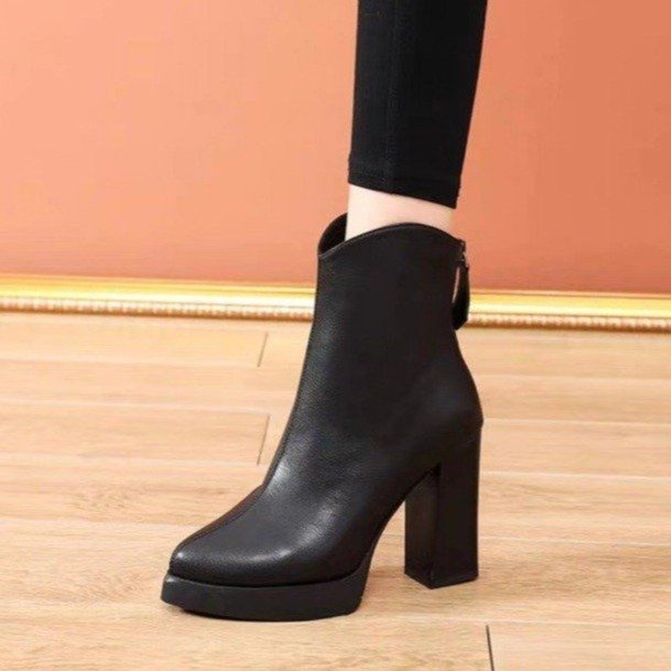 Giày Bốt martin Cao Gót Da pu Cổ Chữ v Màu Trơn Phối Khóa Kéo Sau Phong Cách Pháp Thời Trang Mùa Đông