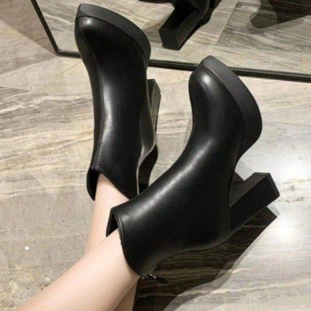 Giày Bốt martin Cao Gót Da pu Cổ Chữ v Màu Trơn Phối Khóa Kéo Sau Phong Cách Pháp Thời Trang Mùa Đông