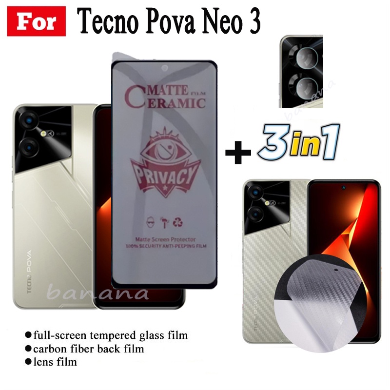 3in1 Tecno Pova Neo 3Anti-Spy Privacy Kính cường lực Tecno Pova Neo3 Phim gốm và phim mặt sau Tecno PovaNeo 3 Tấm bảo vệ màn hình