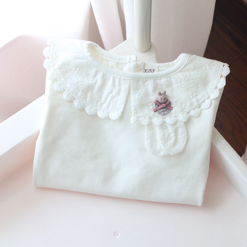 Áo Thun Tay Dài Cổ Búp Bê Màu Trắng Dễ Phối Đồ Thời Trang Mùa Xuân Cho Bé Gái cflx