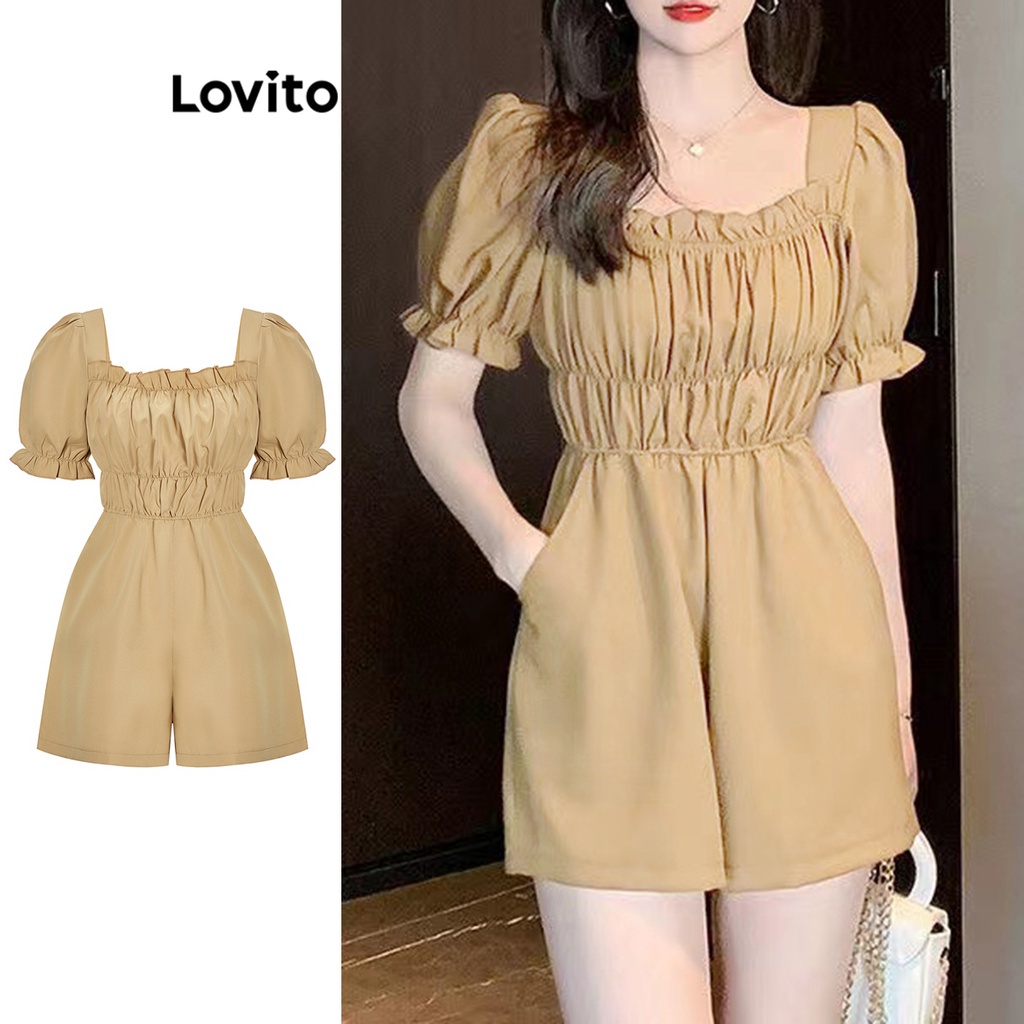 Áo liền quần Lovito viền bèo xếp ly trơn thời trang thường ngày cho nữ L55AD071 (Kaki/Nâu)