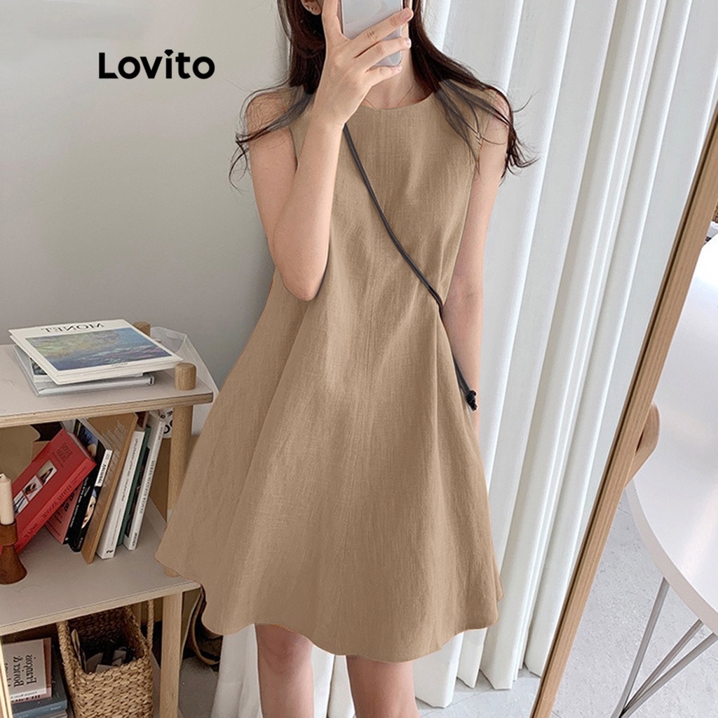 Đầm midi Lovito kiểu chữ A không tay cổ tròn màu trơn thường ngày cho nữ LNE09199 (Kaki)