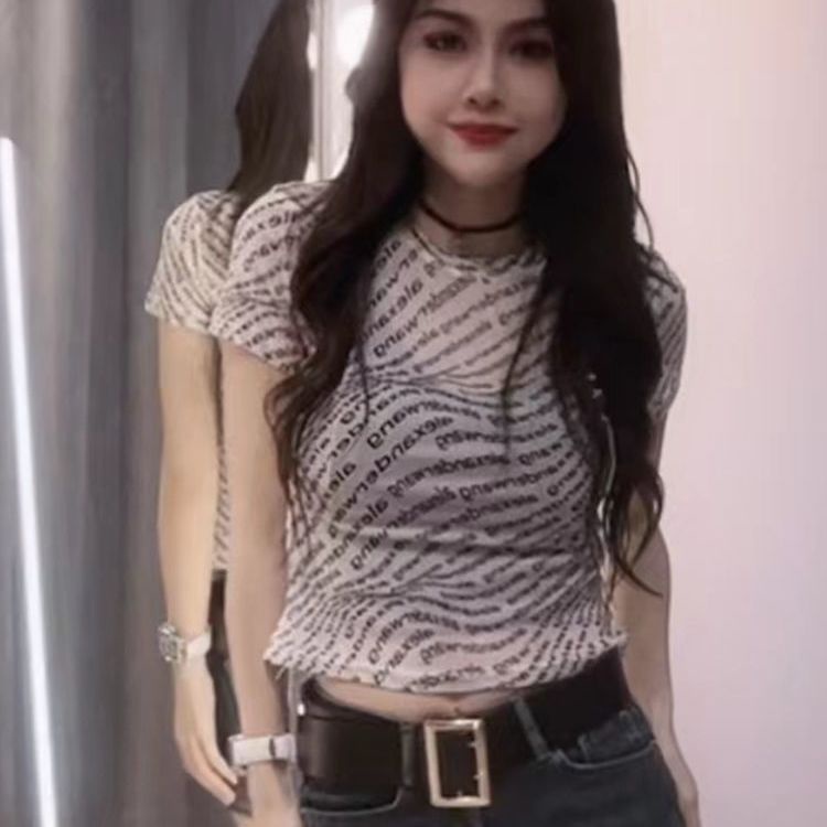 Áo Thun Tay Ngắn Phối Lưới In Chữ Phong Cách Hàn Quốc Thời Trang Mùa Hè Cho Nữ