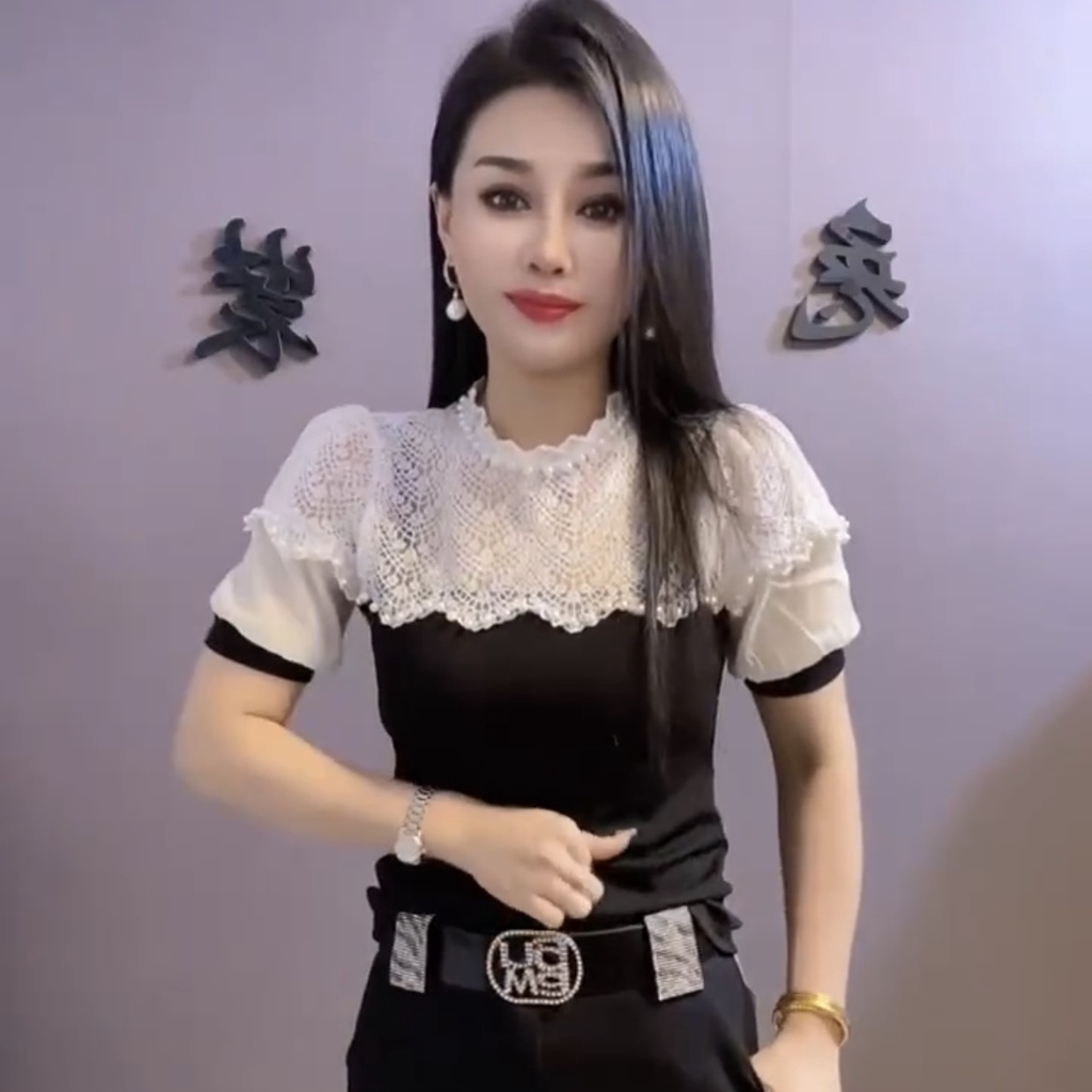 Áo Thun Tay Ngắn Dáng Ôm Phối Ren Đính Hạt Thời Trang Mùa Hè Xinh Xắn Cho Nữ