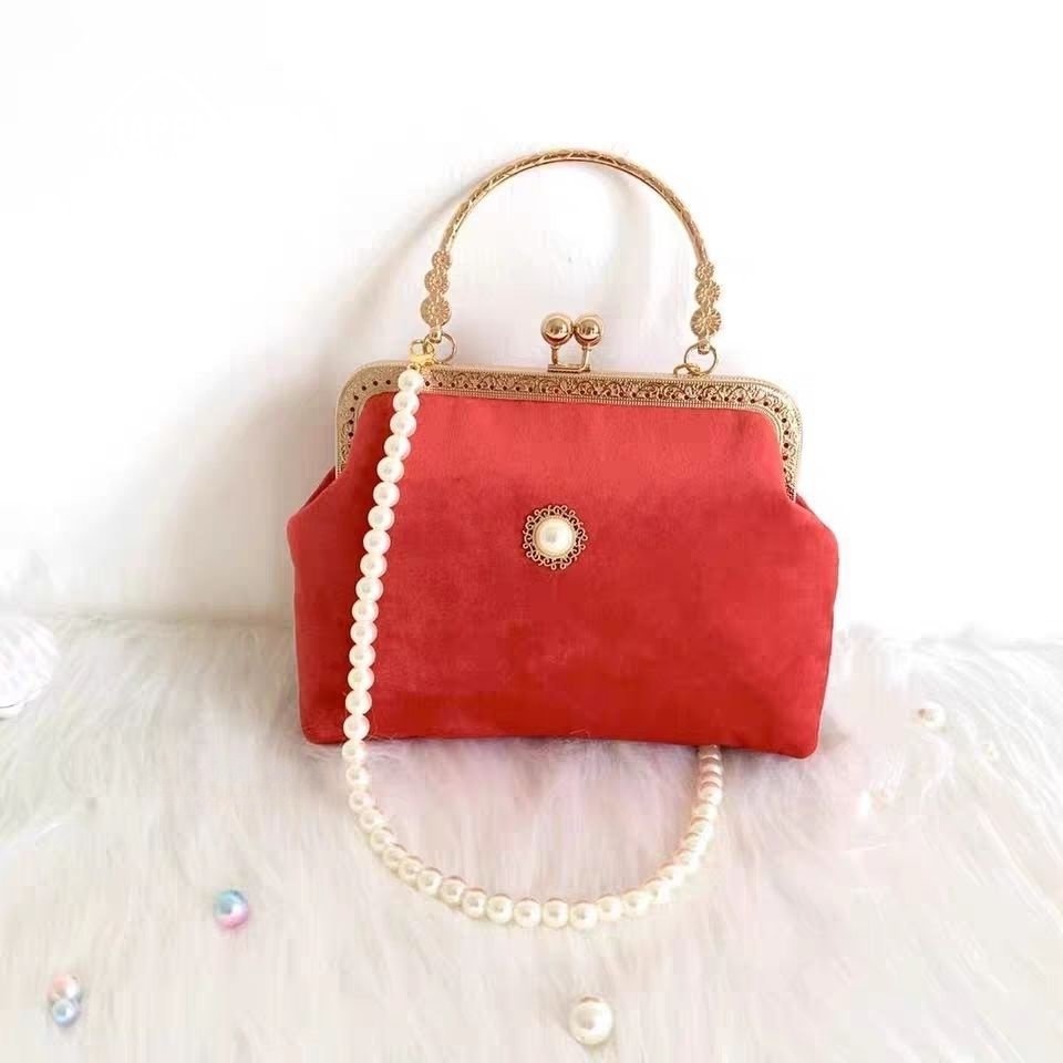 Túi đeo vai HAPPY HOMLIV phối dây ngọc trai thủ công với tay cầm màu vàng đồng cho nam và nữ