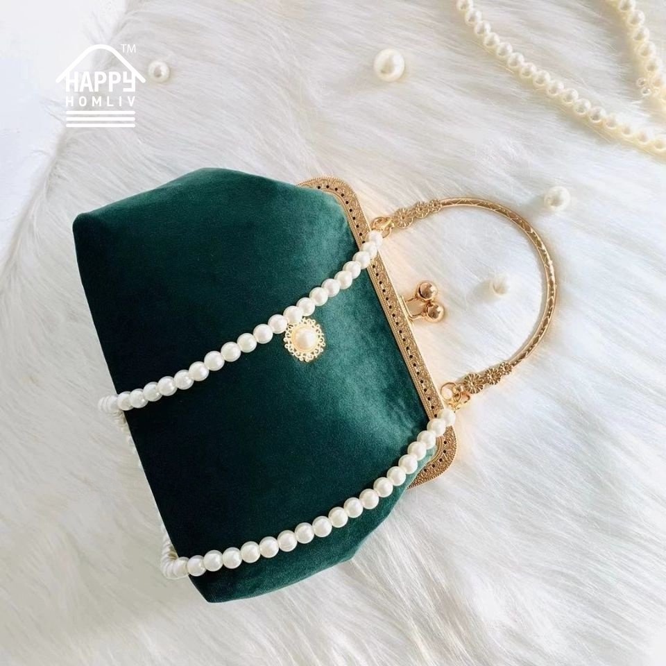 Túi đeo vai HAPPY HOMLIV phối dây ngọc trai thủ công với tay cầm màu vàng đồng cho nam và nữ
