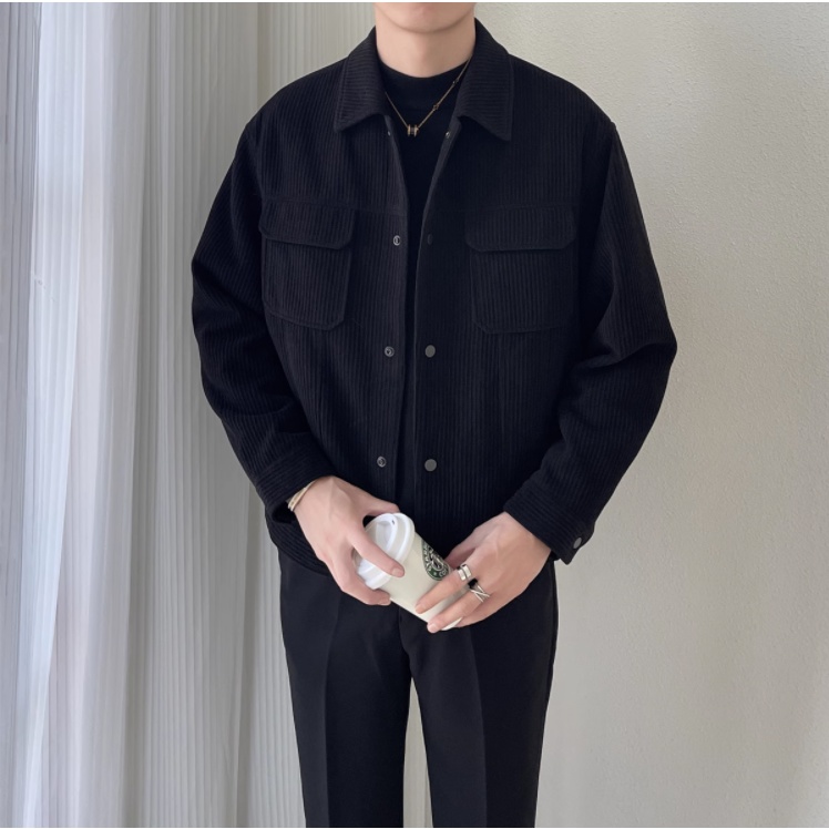 Áo Khoác Nhung Kẻ Dáng Rộng Ngắn Thời Trang Xuân Thu Hàn Quốc Cho Nam