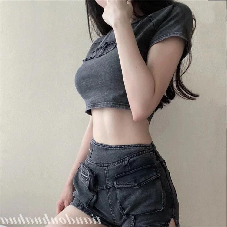 Áo Thun Croptop 100% cotton Tay Ngắn Cổ Tròn Phong Cách vintage Mỹ Cho Nữ