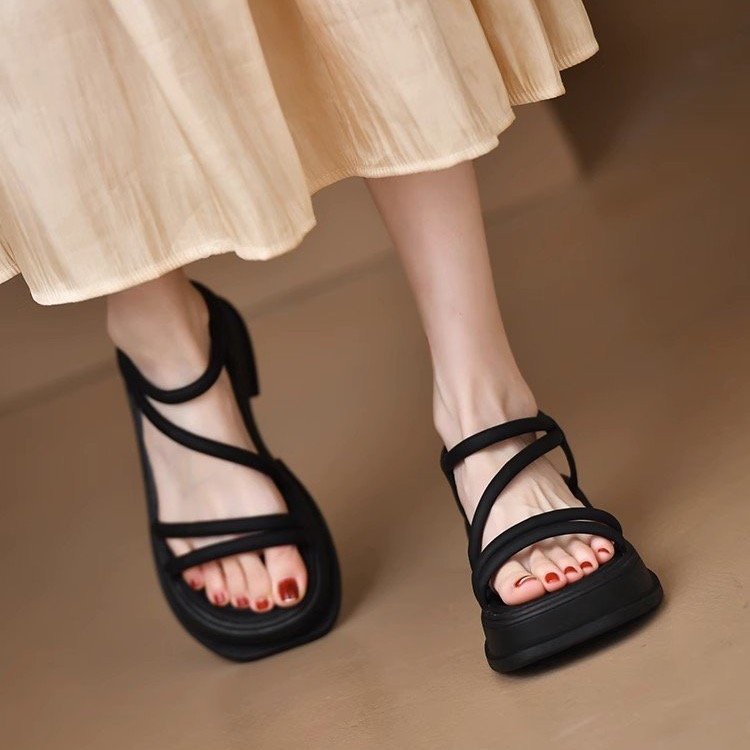 Giày Sandal Cao Gót Da pu Hở Ngón Phong Cách roman Kích Thước 6-8cm
