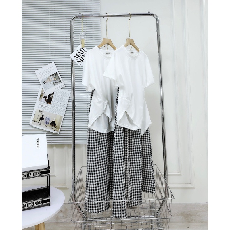 Set áo trắng rúm vạt lệch mix chân váy caro đen chuẩn video ảnh thật trải sàn
