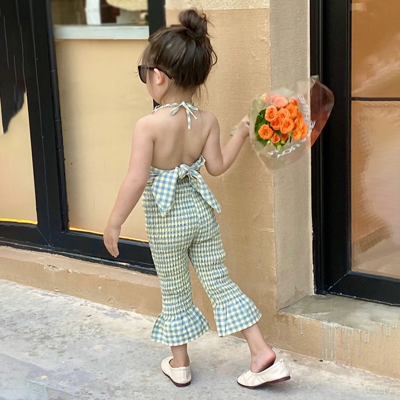 Bộ Áo Hai Dây Hở Lưng + Quần Dài Ống Loe Họa Tiết Caro Thời Trang Mùa Hè Cho Bé Gái