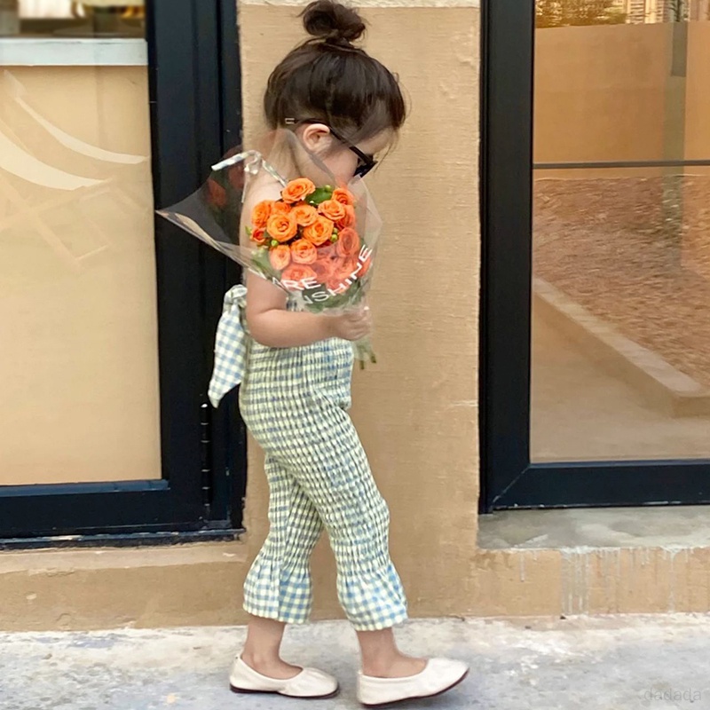 Bộ Áo Hai Dây Hở Lưng + Quần Dài Ống Loe Họa Tiết Caro Thời Trang Mùa Hè Cho Bé Gái