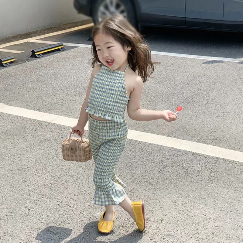 Bộ Áo Hai Dây Hở Lưng + Quần Dài Ống Loe Họa Tiết Caro Thời Trang Mùa Hè Cho Bé Gái