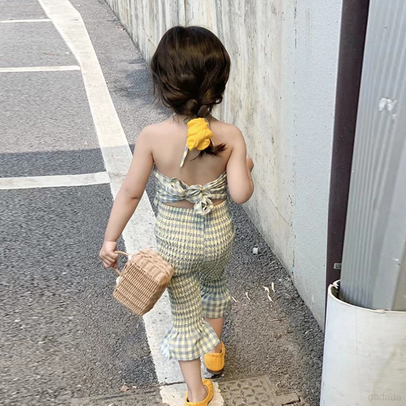 Bộ Áo Hai Dây Hở Lưng + Quần Dài Ống Loe Họa Tiết Caro Thời Trang Mùa Hè Cho Bé Gái