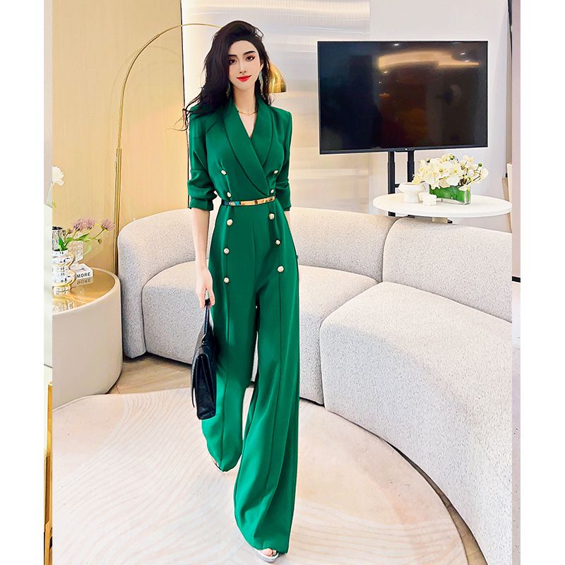 High-end fashion OL wide leg jumpsuit new suit collar double-breasted jumpsuit