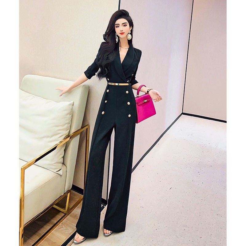 High-end fashion OL wide leg jumpsuit new suit collar double-breasted jumpsuit