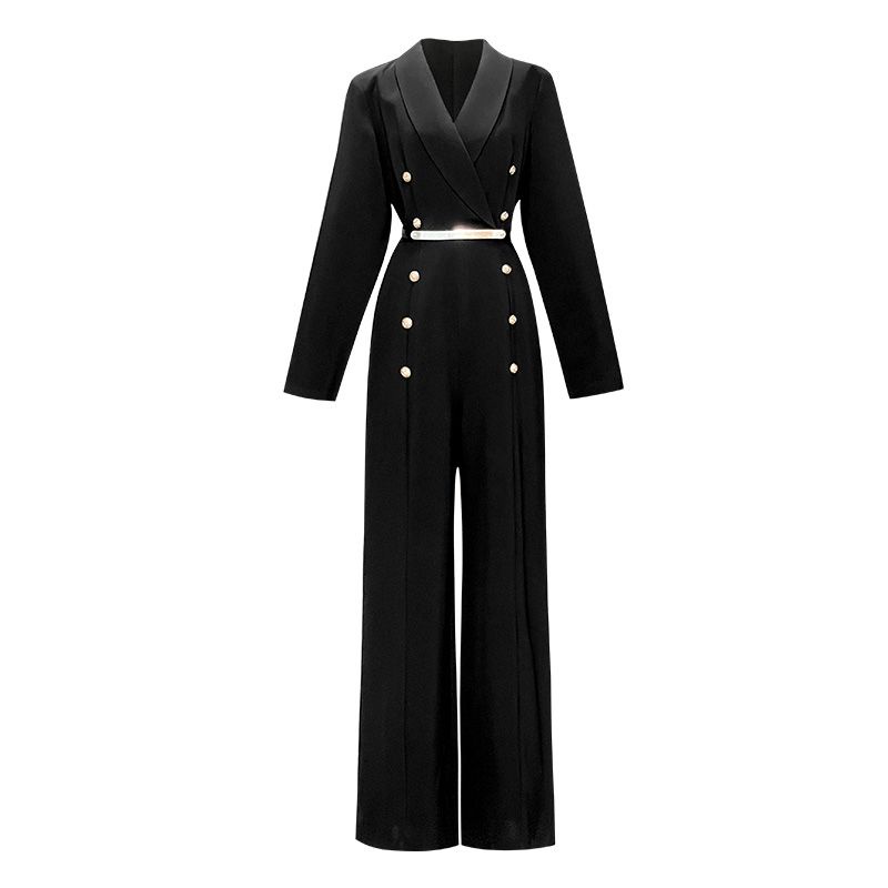 High-end fashion OL wide leg jumpsuit new suit collar double-breasted jumpsuit