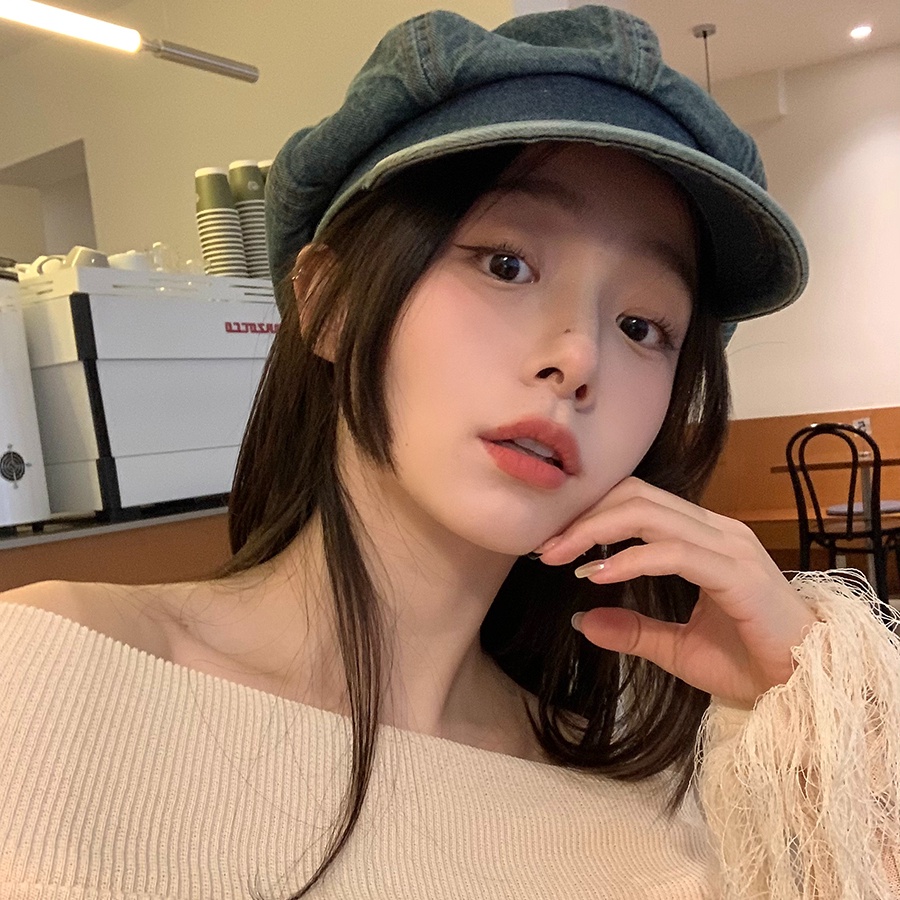 Mũ beret denim Phong Cách Cao Bồi Anh Quốc Cho Nữ