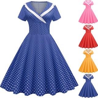 Đầm midi Tay Ngắn Cổ Chữ v Họa Tiết Chấm Bi Thời Trang Mùa Hè Xinh Xắn Cho Nữ
