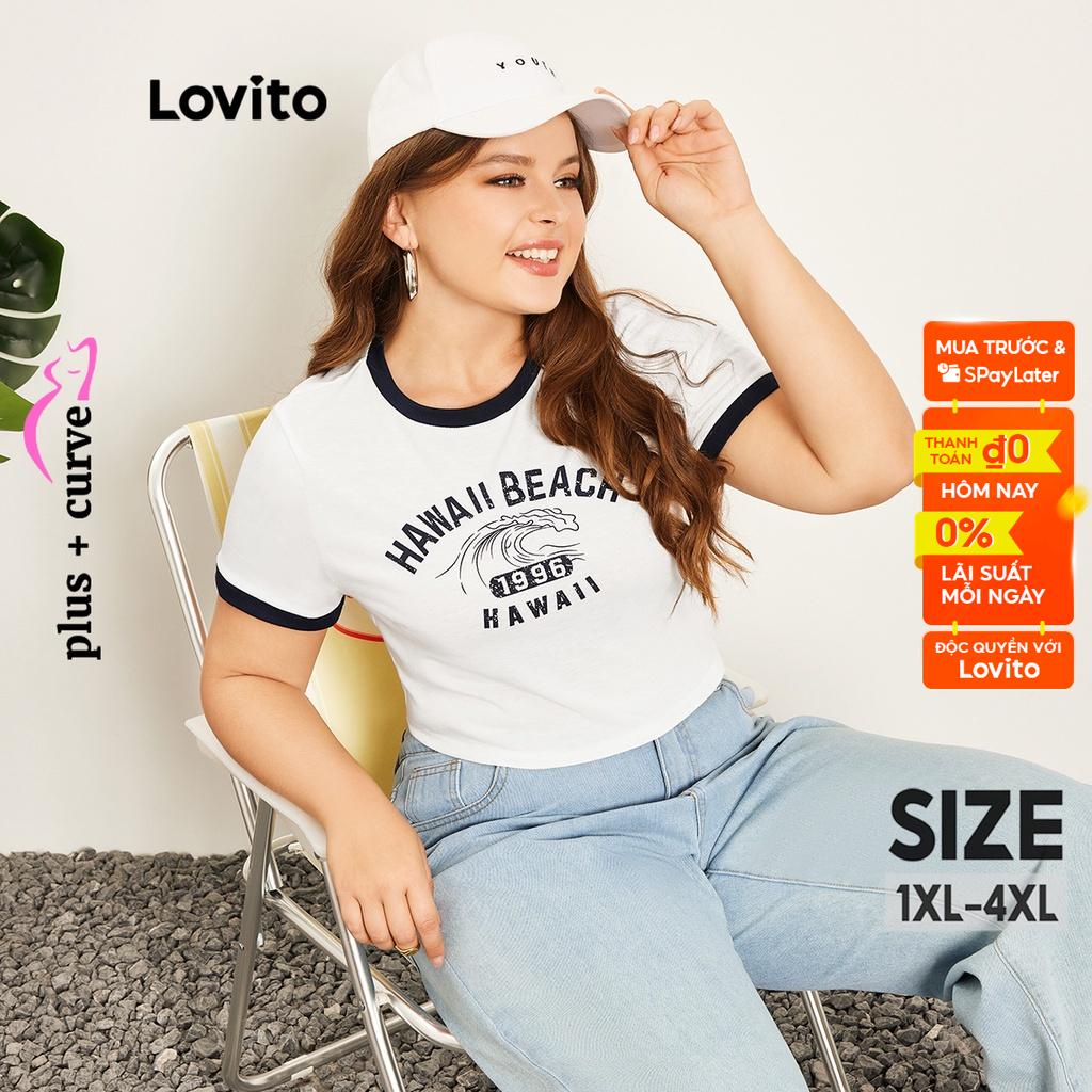 Áo thun Lovito plus size họa tiết chữ ghép nối màu sắc phong cách thường ngày cho nữ LPS06011 (màu trắng)