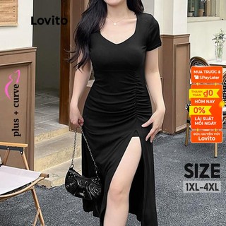 Đầm Lovito màu trơn xếp nếp xẻ tà plus size thời trang cho nữ LPS11054 (Đen)