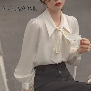 Polaroisome áo sơ mi tay dài ống loe thắt nơ màu trơn thời trang mới 2023 dành cho bạn nữ