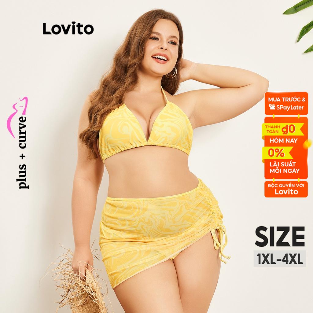 Bộ đồ bơi bikini Lovito phối lưới dây mảnh nhiệt đới thường ngày tôn đường cong size lớn cho nữ LPS07075 (Màu vàng)