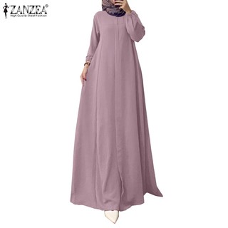 Đầm dáng chữ A ZANZEA dài tay dáng rộng màu trơn phong cách Hồi giáo thời trang dành cho nữ