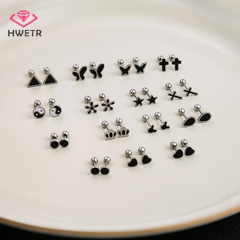Khuyên Tai Nữ Hình Ngôi Sao / Trái Tim Màu Đen / Bạc Thời Trang Mới