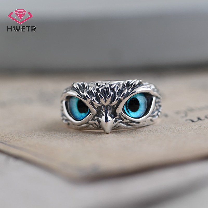 Nhẫn hở HWETR hình cú mắt xanh có thể điều chỉnh phong cách vintage cho nam nữ