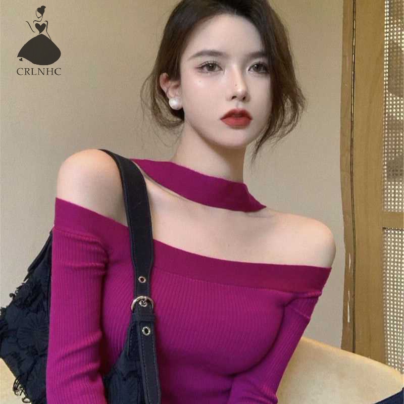 Crlnhc Áo sweater Dệt Kim Trễ Vai Tay Dài Màu Trơn Dáng Ôm Gợi Cảm Thời Trang Mùa Thu Cho Nữ vn